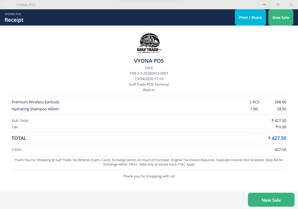 VYONA POS receipt and billing summary screen